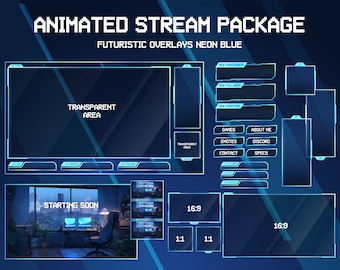Animated Lofi Twitch Overlay Stream Package Game Room | Cool Neon | Twitch Overlay Blue | Animated Background | Minimalistic | Vtuber