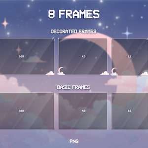 May include: Eight frames in a grid, with a starry night sky background. The top row has three frames labeled "16:9", "4:3", and "1:1". The bottom row has three frames labeled "16:9", "4:3", and "1:1". The frames are transparent and have a subtle gradient effect. The top row has a crescent moon and clouds on the bottom of the frames. The bottom row has no decorations. The text "8 FRAMES" is at the top of the image, with the text "DECORATED FRAMES" below it. The text "BASIC FRAMES" is in the middle of the image. The text "PNG" is at the bottom of the image.