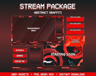 Animated Twitch Overlay Stream Package | Twitch Overlay Red | Twitch Overlay Neon | Abstract Graffiti | Animated Background | Vtuber