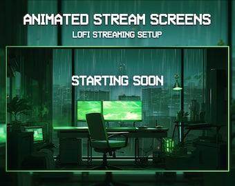 Pantallas animadas de transmisión de Twitch de Lofi / Configuración de transmisión de Lofi / Superposición de Twitch verde / Sala de juegos / Fondo animado / Vtuber