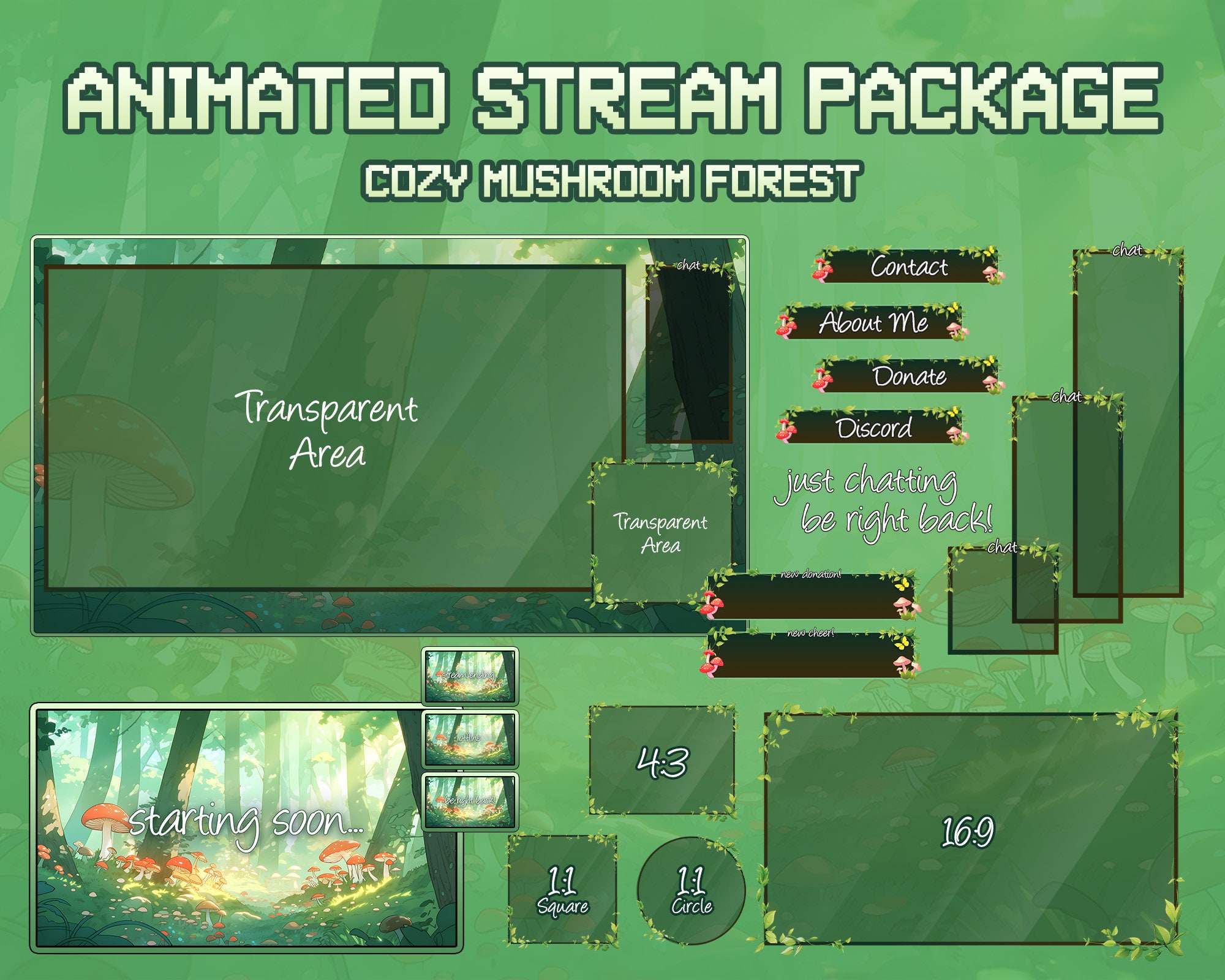 Animated Cozy Twitch Overlay Stream Package | Mushroom Forest | Cottagecore | Twitch Chat Overlay | Twitch Webcam Overlay | Vtuber