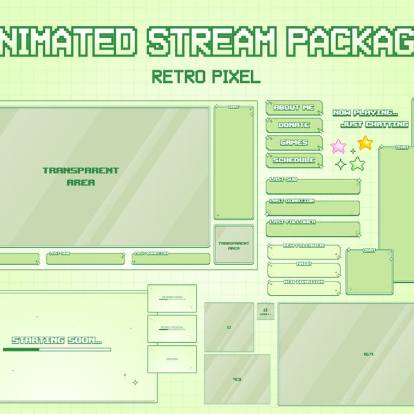 Animated Cozy Twitch Overlay Stream Package | Twitch Overlay Green | Retro Pixel Green | Animated Background | Minimalistic | Twitch Scene