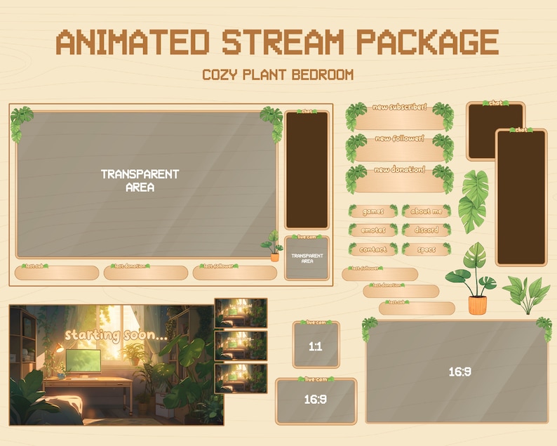 アニメーション化された居心地の良い Twitch オーバーレイ ストリーム パッケージ | 居心地の良い部屋 | コテージコア | 植物の寝室 | Twitch チャット オーバーレイ | Twitch ウェブカメラ オーバーレイ | Vtuber 画像 1