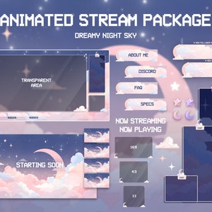 May include: Animated Twitch stream package with a dreamy night sky theme. The package includes a starting soon screen, a chat box, a new follower alert, a new host alert, and various other overlays. The package also includes a transparent area for a webcam.
