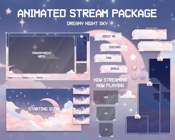 Animated Cozy Twitch Overlay Stream Package | Dreamy Night Sky | Twitch Overlay Pink | Twitch Chat Overlay | Twitch Webcam Overlay | Vtuber