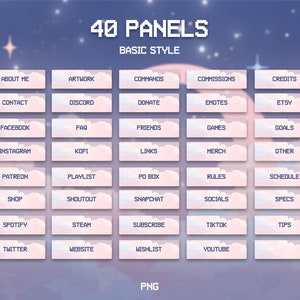 May include: 40 pastel pink and blue buttons with rounded corners and white text. The buttons are arranged in a grid of 8 rows and 5 columns. The text on the buttons includes words like "About Me", "Artwork", "Commands", "Commissions", "Credits", "Contact", "Discord", "Donate", "Emotes", "Etsy", "Facebook", "FAQ", "Friends", "Games", "Goals", "Instagram", "Kofi", "Links", "Merch", "Other", "Patreon", "Playlist", "PO Box", "Rules", "Schedule", "Shop", "Shoutout", "Snapchat", "Socials", "Specs", "Spotify", "Steam", "Subscribe", "TikTok", "Tips", "Twitter", "Website", "Wishlist", and "YouTube".