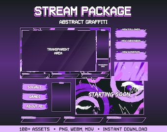 Animated Twitch Overlay Stream Package | Twitch Overlay Purple | Twitch Overlay Neon | Abstract Graffiti | Animated Background | Vtuber