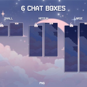 May include: Six chat boxes in different sizes: small, medium, and large. The boxes are designed with a night sky theme, featuring clouds, stars, and a crescent moon. The text "CHAT" appears in each box.