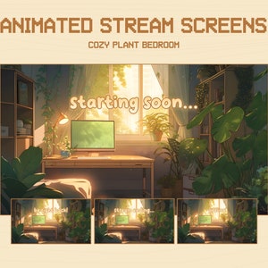 Könnte beinhalten: Animierter Stream-Bildschirmoverlay mit einem gemütlichen Schlafzimmer mit Schreibtisch, Computer und vielen Pflanzen. Der Text "Starting soon..." wird auf dem Bildschirm angezeigt. Der Overlay enthält auch drei zusätzliche Bildschirme mit dem Text "be right back!", "stream ending..." und "offline".