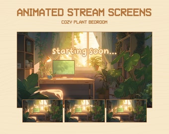 May include: Animated stream screen overlay featuring a cozy bedroom with a desk, computer, and many plants. The text "Starting soon..." is displayed on the screen. The overlay also includes three additional screens with the text "be right back!", "stream ending...", and "offline".
