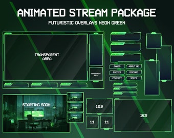 Animated Lofi Twitch Overlay Stream Package Game Room | Cool Neon | Twitch Overlay Green | Animated Background | Minimalistic | Vtuber