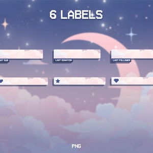May include: Six pastel pink and white Twitch chat labels with a cloud design. The labels are for "Last Sub", "Last Donation", "Last Follower", a heart, a star, and a diamond.