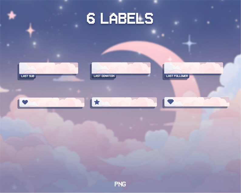 May include: Six pastel pink and white Twitch chat labels with a cloud design. The labels are for "Last Sub", "Last Donation", "Last Follower", a heart, a star, and a diamond.