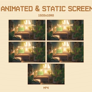 以下が含まれることがあります： ストリーミング用のアニメーションと静止画の画面が5つあり、机、植物、窓のある居心地の良い部屋が映し出されています。画面には、「starting soon...」、「be right back!」、「stream ending...」、「offline」などのテキストが表示されています。