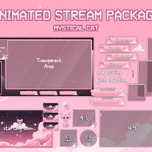 May include: Animated stream package for Twitch or YouTube with a pink and white color scheme. The package includes a variety of overlays, including a starting soon screen, a now playing screen, and a chat screen. The overlays feature a cute cartoon cat with a mystical theme.