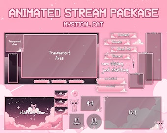 Stream Overlay Package for Twitch | Cozy Aesthetic Mystical Cat | Animated | Twitch Chat | Twitch Webcam Frames | Vtuber | Discord