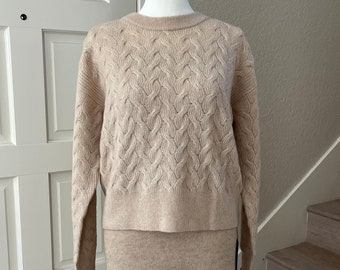 Women's Cashmere Sweater Cable Knit Oatmeal/White
