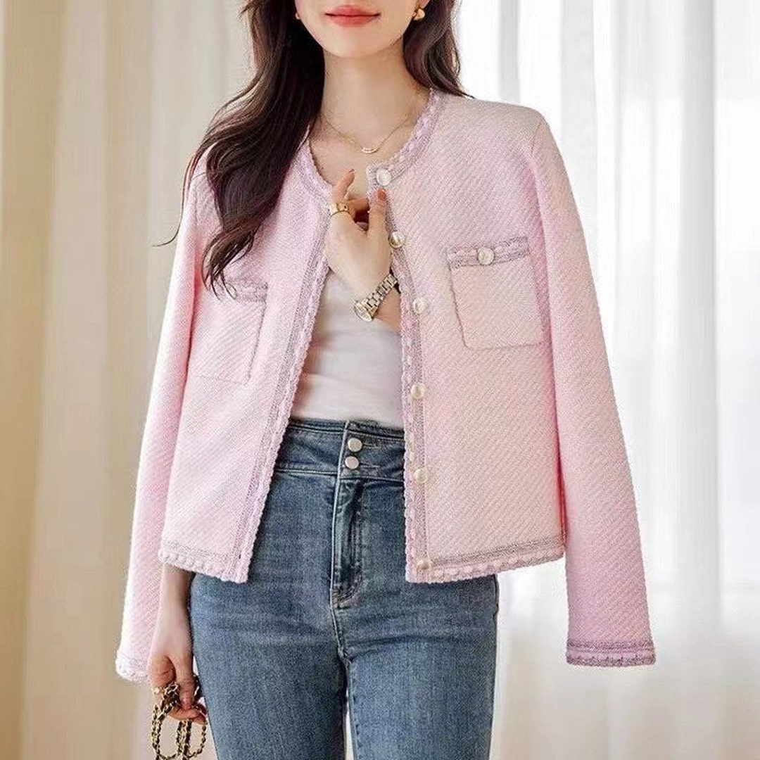 Women's Pink Tweed Cardigan Jacket Embroidered Wool Etsy