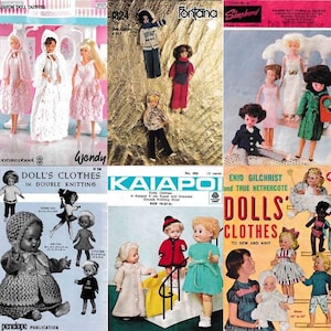 May include: A collection of vintage doll clothing patterns. The patterns feature a variety of styles, including dresses, coats, and hats. The patterns are for dolls of different sizes, including 16-22 inches. The patterns are from different brands, including Wendy, Kaiapo, and Enid Gilchrist.