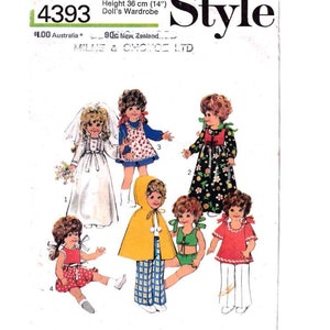 May include: A sewing pattern for doll clothes. The pattern includes five different outfits for a 14-inch doll. The outfits include a wedding dress, a yellow cape with plaid pants, a red dress, a green swimsuit, and a red and white dress with white pants. The pattern is from Milne & Choyce LTD.