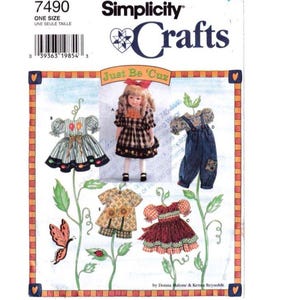 May include: Simplicity Crafts sewing pattern number 7490, "Just Be 'Cuz", for making doll clothes. The pattern includes four different outfits: a plaid dress, a green and white striped dress, a red dress, and overalls. The pattern is by Donna Malone and Kenna Reynolds.