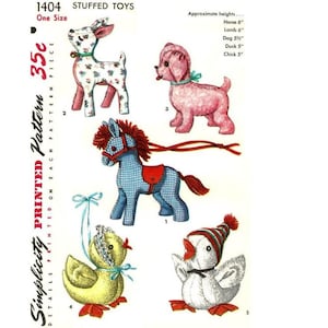 May include: A vintage Simplicity sewing pattern for making five stuffed toys: a deer, a dog, a horse, a duck, and a chick. The pattern is printed on a white background with a blue border and includes instructions for making each toy. The pattern is numbered 1404 and costs 35 cents.