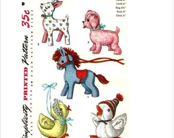 Simplicity 1404 - Vintage 1950's Stuffed Toys - Horse, Lamb, Dog, Chicken, Duck -  PDF Pattern