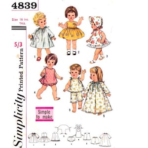 May include: A vintage sewing pattern for making doll clothes. The pattern includes instructions for making a dress, a nightgown, a pair of pyjamas, and a bonnet. The pattern is for dolls that are 16 inches tall.