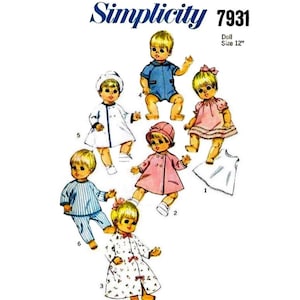 May include: Simplicity sewing pattern number 7931 for a 12-inch doll. The pattern includes instructions for making a variety of outfits, including a white coat, a pink coat, a blue and white striped pajama set, a white dress, and a floral print robe.