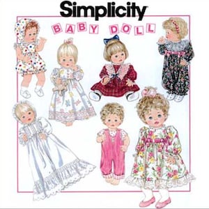 May include: A Simplicity pattern for making baby dolls. The pattern includes instructions for making six different dolls, each with a unique outfit. The dolls are all dressed in different styles, including a dress, a jumpsuit, and a nightgown. The pattern is titled "Baby Doll" and is printed on a white background.