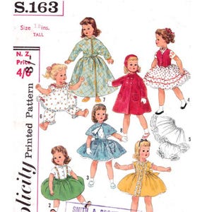May include: Vintage Simplicity pattern S.163 featuring illustrations of dolls in various outfits. The dolls are depicted in dresses, coats, and pajamas. The pattern size is 12 inches tall. The pattern includes the price 4/8.