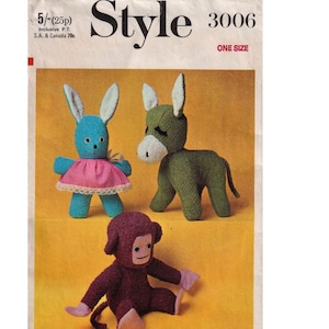 Style 3006,  Soft Stuffed Donkey,  Rabbit and  Monkey - PDF Pattern