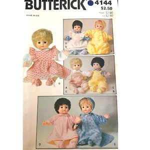 May include: A vintage sewing pattern for making doll clothes. The pattern is for a doll that is one size. The pattern includes instructions for making a dress, a jumpsuit, and a nightgown. The pattern is from Butterick and the pattern number is 4144.