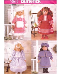 May include: A Butterick sewing pattern featuring doll clothing designs. The image showcases four dolls dressed in various outfits, including a pink coat with white trim, a red dress, a lavender dress, and a purple coat and dress set. The pattern number is 5864.