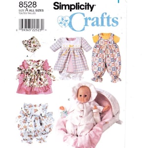 May include: Simplicity Crafts pattern number 8528, size A, for making doll clothes. The pattern includes instructions for making a dress, a bonnet, a pair of overalls, a dress with a ruffled skirt, and a baby doll outfit.