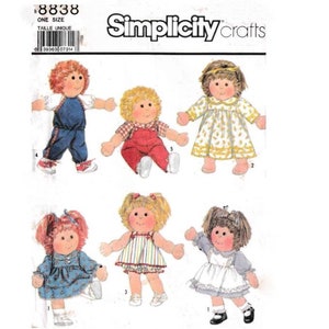 May include: A sewing pattern for making doll clothes. The pattern includes six different outfits for a Cabbage Patch doll. The pattern number is 8838 and the size is one size. The pattern is from Simplicity Crafts.