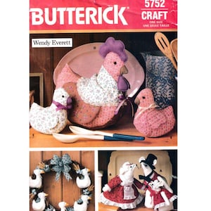 May include: A vintage sewing pattern for making a chicken, duck, and mouse. The pattern is from Butterick and is for craft projects. The pattern includes instructions for making a chicken, a duck, and a mouse.