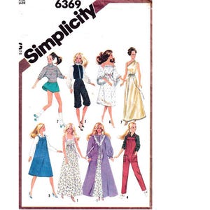 May include: Simplicity sewing pattern number 6369 for making doll clothes. The pattern includes instructions and diagrams for making seven different outfits for dolls, including a dress, a jumpsuit, a skirt and top, a pair of overalls, a robe, a nightgown, and a pair of pants and a shirt.