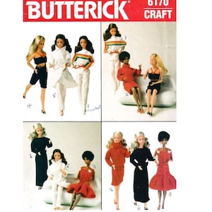 May include: A vintage Butterick craft pattern featuring Barbie dolls in various outfits. The dolls are dressed in a range of styles, including a black top and shorts, a white pantsuit, and a red dress. The pattern is labeled "6170".