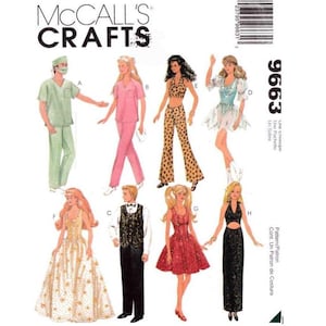 May include: A sewing pattern for making doll clothes. The pattern includes eight different outfits, including a doctor's uniform, a pink pantsuit, a leopard print pantsuit, a sparkly dress, a formal gown, a tuxedo, a red dress, and a black dress. The pattern is for McCall's Crafts and the pattern number is 9663.