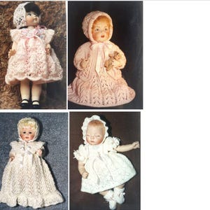 May include: Four porcelain dolls wearing knitted dresses and hats. The dolls are all different sizes and have different facial expressions. The dresses are all white or pink and have lace trim.