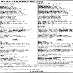 May include: A sewing pattern for a miniature house, furniture, and animals. The pattern includes instructions for making a house, couch, chair, bed, bear family, mouse family, and rabbit family. The pattern is printed on a white background with black text.