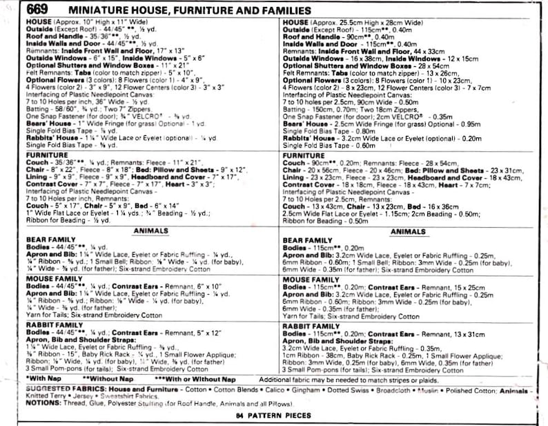 May include: A sewing pattern for a miniature house, furniture, and animals. The pattern includes instructions for making a house, couch, chair, bed, bear family, mouse family, and rabbit family. The pattern is printed on a white background with black text.