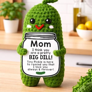 May include: A handmade green crochet pickle figure with a smiling face, holding a sign that reads "Mom, I think you are a pretty BIG DILL!" The sign also includes a message of love. The pickle has a curly stem.