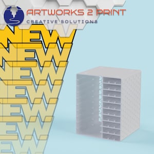 Op de afbeelding: Een witte opbergunit met meerdere compartimenten en een honingraatpatroon aan de zijkant. Het woord "NEW" is geel overgelegd. Het logo voor "ARTWORKS 2 PRINT CREATIVE SOLUTIONS" staat linksboven.