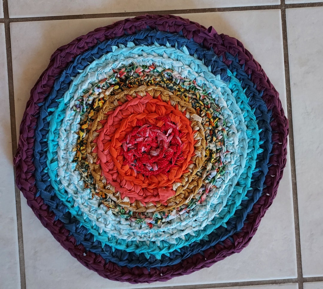 Colorful Handmade Round Rag Rug. Beautiful Colorful Circle Crocheted