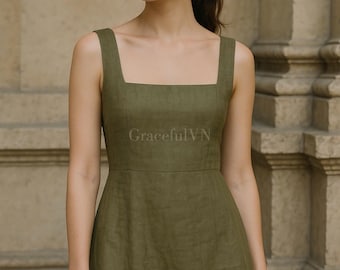 Square Neck Sleeveless Dress Women’s Linen Dress with Pockets Linen Dress for Women Wedding Guest Dress Custom Linen Dress Midi Linen Dress