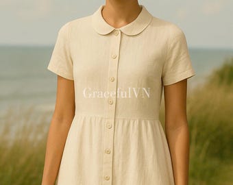 Peter Pan Collar Vintage Linen Dress Linen Dress With Pockets Linen Midi Dress Linen Clothing Date Dress Plus Size Dress Custom Linen Dress