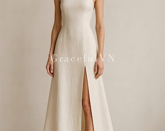 Beach Wedding Linen Dress Bridemaid Dress Bow Tie Dress Linen Dress for Women Wedding Guest Dress Custom Dress Linen Open Back Bridesmaid