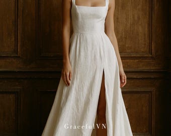 Brautkleid Brautjungfer Kleid Strandhochzeit Leinenkleid Schlichtes Minimal Brautkleid Romantisches Kleid Maßgeschneidertes Brautkleid
